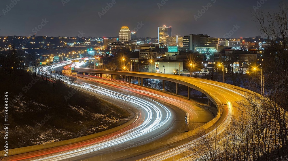 Night cityscape with highway light trails curving through urban landscape. Night cityscape with highway light trails curving through urban landscape.