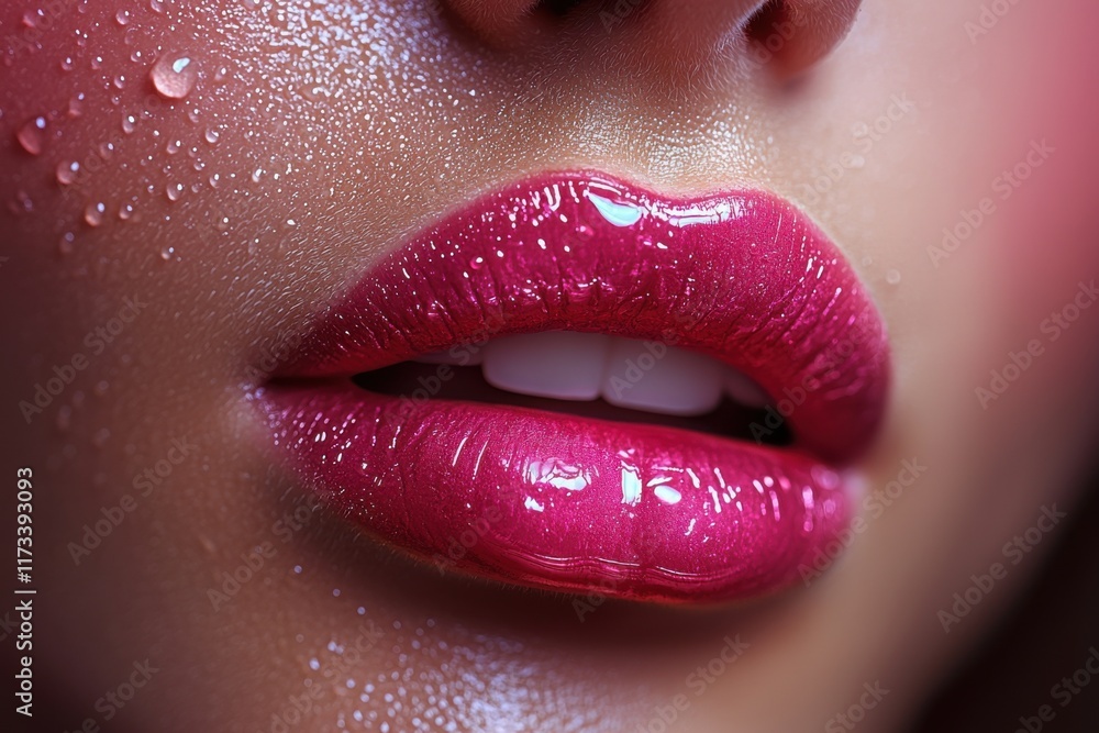 Fototapeta premium Close-up view of glossy lips with water droplets reflecting light, showcasing a beauty-focused moment in artistic photography
