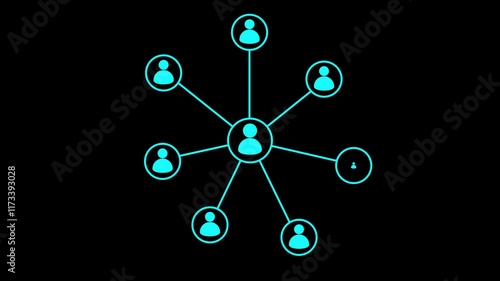 social network icon animation with cyan color on black background. abstract contacts concept.
