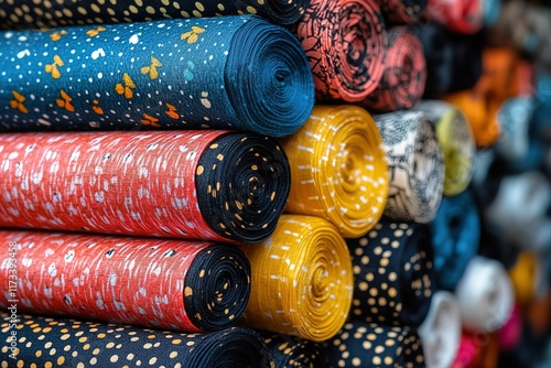 Colorful fabric rolls stacked high, showcasing a variety of patterns and textures. photo