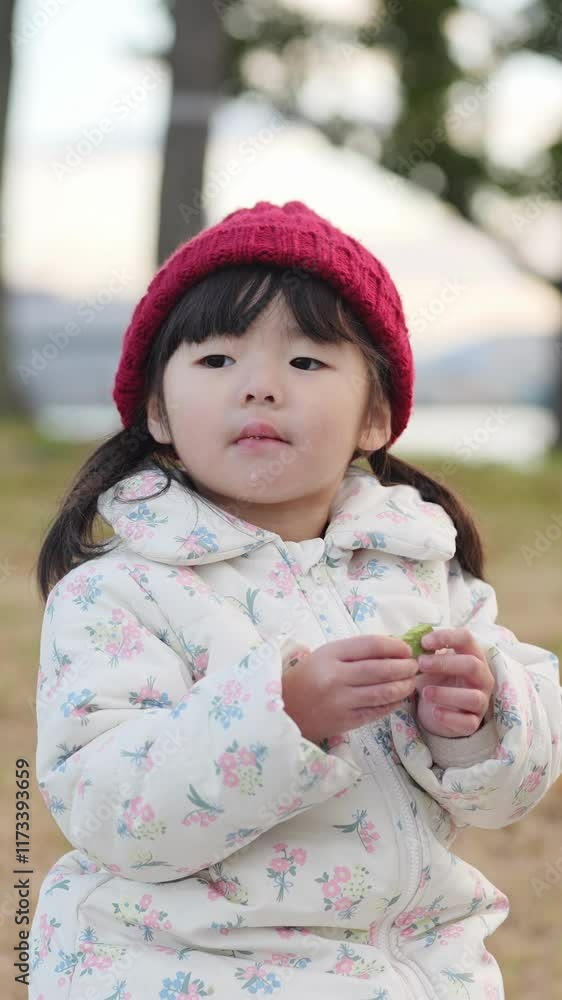 A Japanese parent and child (a 3-year-old girl and her 30s mother) eat matcha-flavored cookies at sunset in a park near the sea in Fukuoka Prefecture in December 2024. Vertical slow motion video. A Japanese parent and child (a 3-year-old girl and her 30s mother) eat matcha-flavored cookies at sunset in a park near the sea in Fukuoka Prefecture in December 2024. Vertical slow motion video.