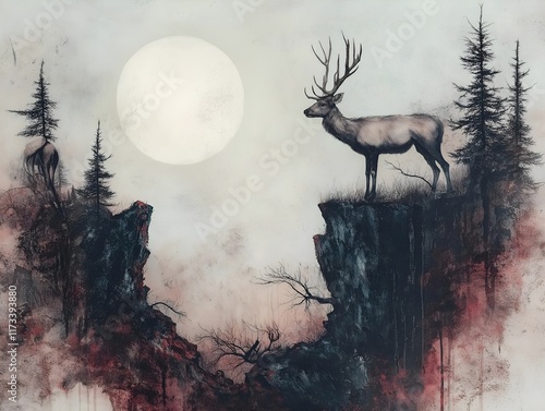 deer landscape moonlit night atmospheric art serene scene photo