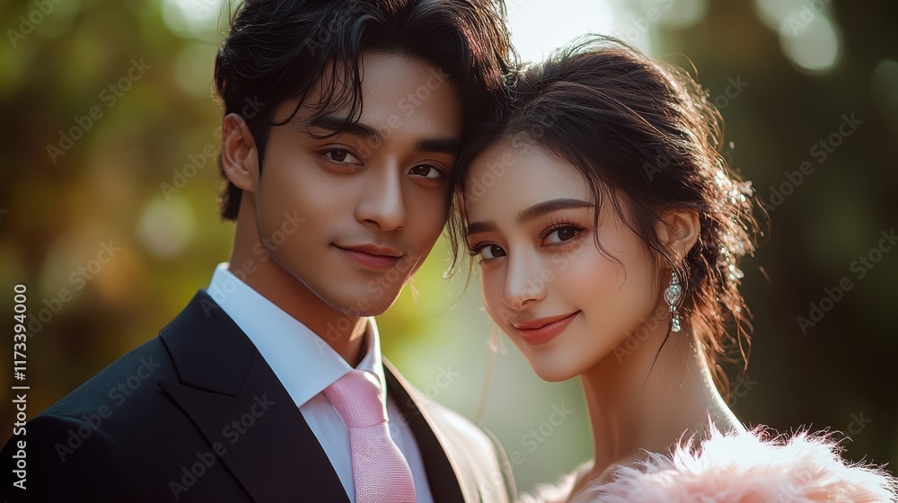 Happy couple poses together in a serene outdoor setting, showcasing love and elegance during a golden hour Happy couple poses together in a serene outdoor setting, showcasing love and elegance during a golden hour