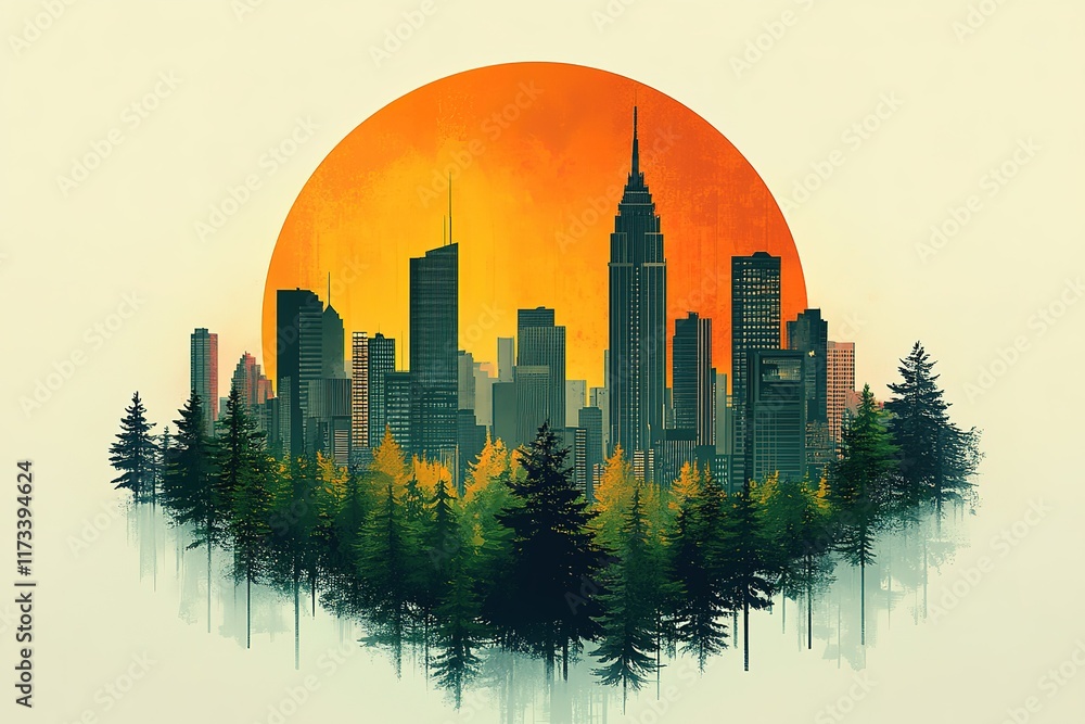 Fototapeta premium City skyline at sunset, nestled within a forest.