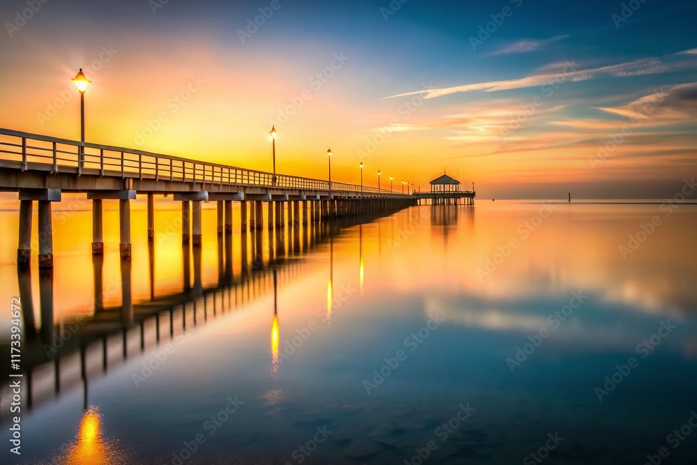 Obraz premium Minimalist California Wharf Sunset: Serene Coastal Scene