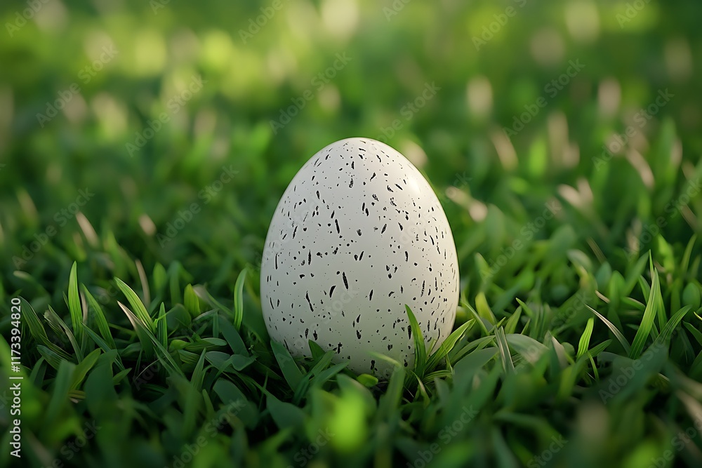 A speckled egg resting on lush green grass, symbolizing nature and new beginnings. A speckled egg resting on lush green grass, symbolizing nature and new beginnings.