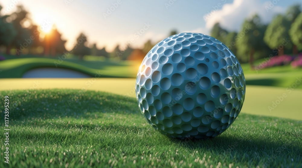 Serene Teal Golf Ball on Lush Green Course at Sunset Serene Teal Golf Ball on Lush Green Course at Sunset