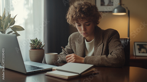 Professional woman working from home with a laptop, notebook, and coffee in a cozy workspace photo