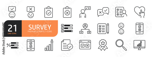 Set of line icons related to  Survey, Feedback, Satisfication, Checkmark, Achivement and more. Outline icons collection. Editable stroke. Vector illustration.