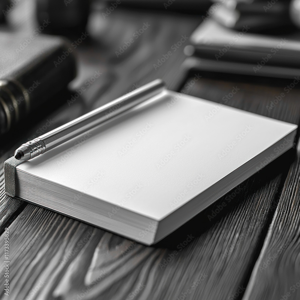 Blank notepad, pen, dark wood desk, blurred background, office supplies, for mockup design Blank notepad, pen, dark wood desk, blurred background, office supplies, for mockup design