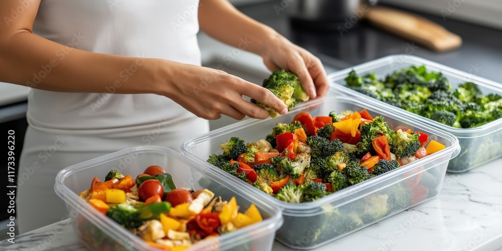 A woman is preparing a meal with broccoli and other vegetables. She is holding a piece of broccoli in her hand A woman is preparing a meal with broccoli and other vegetables. She is holding a piece of broccoli in her hand