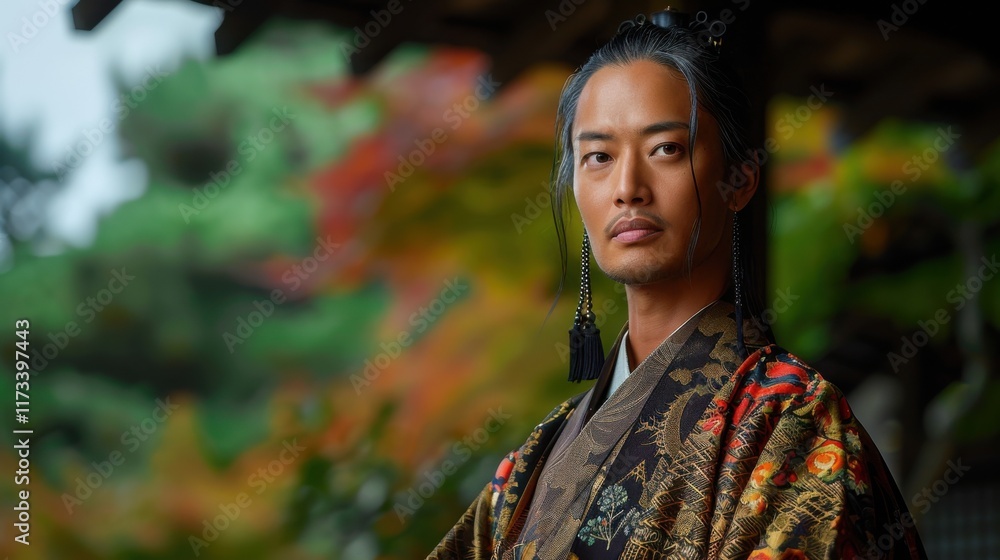 Portrait of a traditional Japanese man wearing an ornate kimono against a backdrop of colorful autumn foliage Portrait of a traditional Japanese man wearing an ornate kimono against a backdrop of colorful autumn foliage