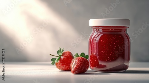 Wallpaper Mural Delicious homemade strawberry jam in a glass jar beside fresh strawberries on a wooden table with soft sunlight illuminating the setting Torontodigital.ca