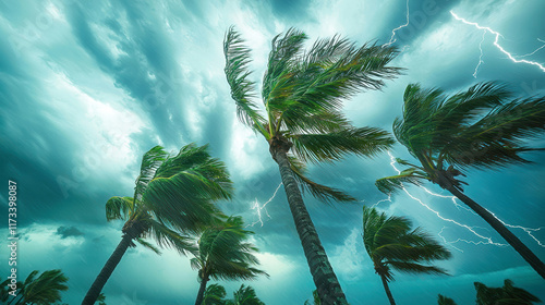 Dramatic tropical storm with lightning and swaying palm trees under dark clouds
