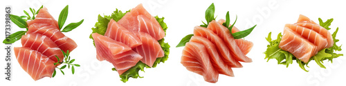 Fresh sashimi slices arranged with greens and herbs