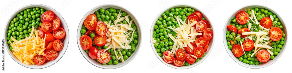 Fresh green peas, sliced cherry tomatoes, and shredded cheese in bowls Fresh green peas, sliced cherry tomatoes, and shredded cheese in bowls