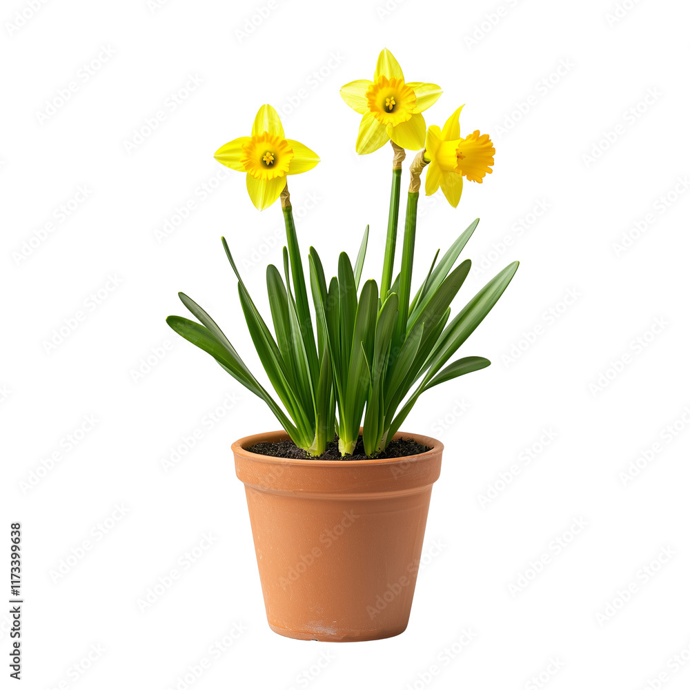Houseplant display featuring Daffodil flowering vine in clay pot isolated on white background and transparent background for home gardening nook lush indoor environment nature concept Houseplant display featuring Daffodil flowering vine in clay pot isolated on white background and transparent background for home gardening nook lush indoor environment nature concept