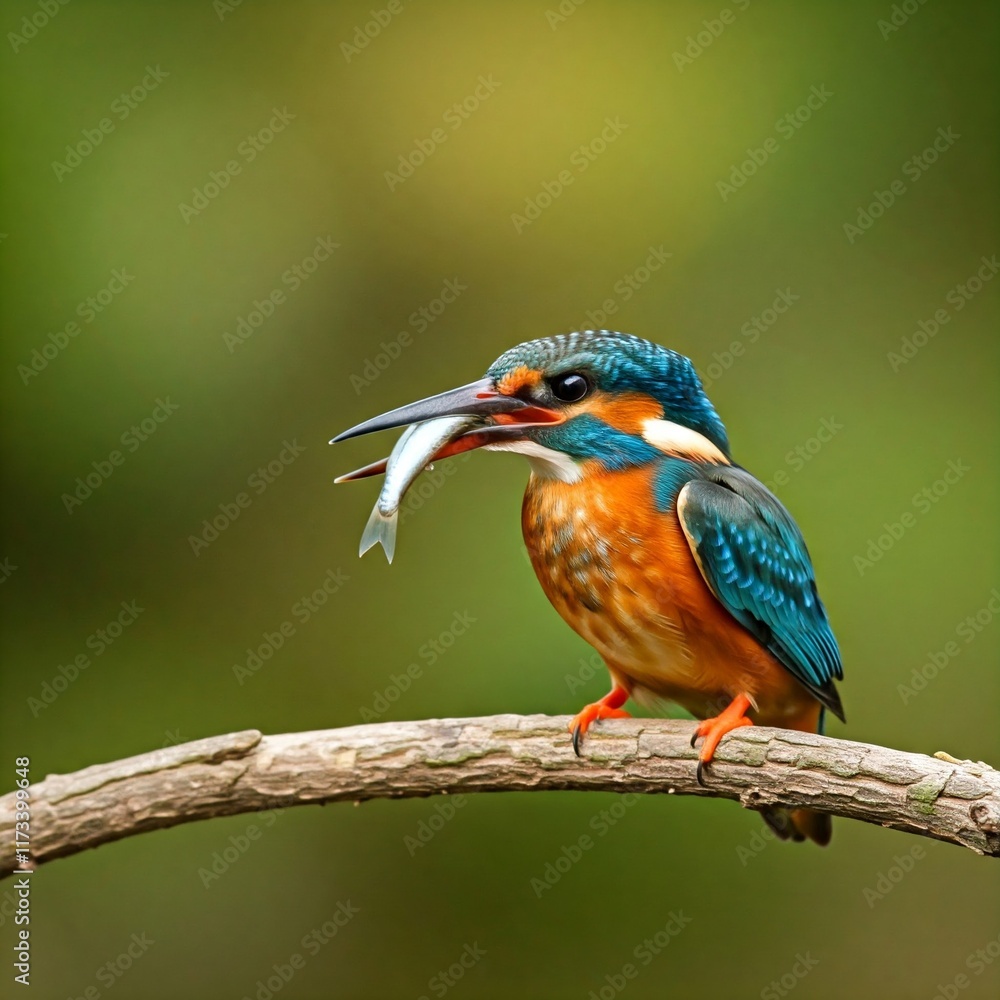 Fototapeta premium kingfisher on branch eating a fish
