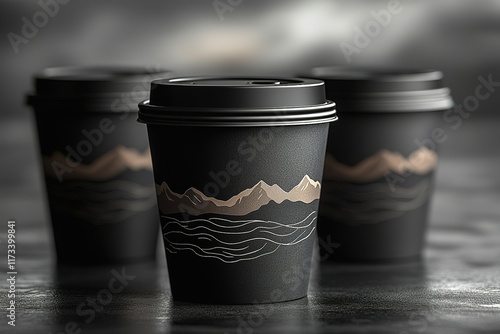 Three dark coffee cups with mountain and wave design sit on a dark surface.  A minimalist and stylish image perfect for branding or cafe imagery. photo