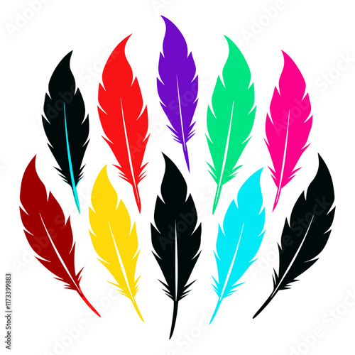 Vector colorful feather different set silhouette on white background