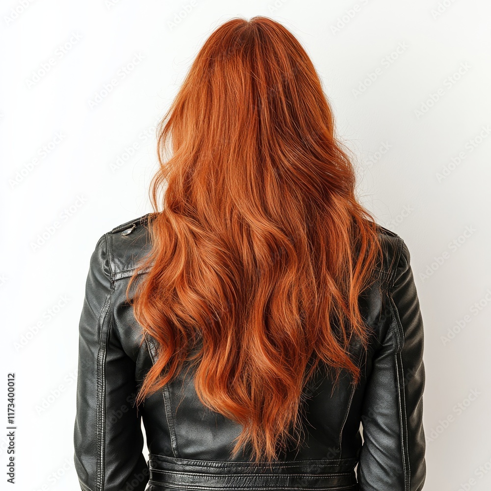 Naklejka premium Back view of a fashionable urban woman wearing jeans and a leather jacket with long red hair