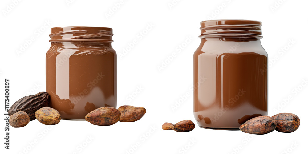 Delicious chocolate spread in glass jars with cocoa beans nearby Delicious chocolate spread in glass jars with cocoa beans nearby