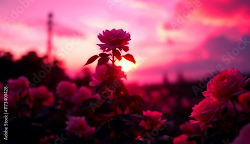 Romantic Rose Garden Sunset: Vibrant Pink Blooms at Dusk