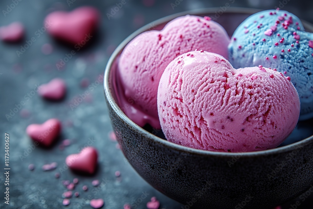 Heart-shaped scoops of pink and blue ice cream in a dark bowl. Sweet treat, perfect for Valentine's Day or a special occasion. Heart-shaped scoops of pink and blue ice cream in a dark bowl. Sweet treat, perfect for Valentine's Day or a special occasion.