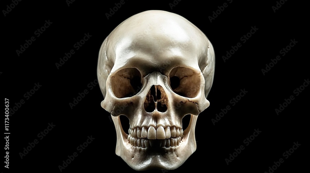 Frontview of natural human skull on isolated black background Frontview of natural human skull on isolated black background