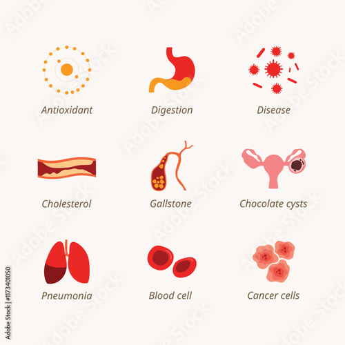 Flat medical icons set including antioxidant, digestive, disease, cholesterol, gallstone, chocolate cysts, pneumonia, blood cells, and cancer cells, health and medical-related designs.