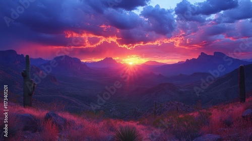 Wallpaper Mural Vibrant sunset over a desert mountain range with cacti. Torontodigital.ca