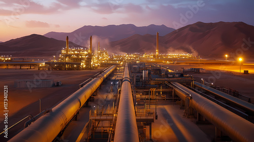 Industrial landscape with oil pipelines desert region environmental impact dusk setting wide-angle view energy production. Nightfall. Illustration