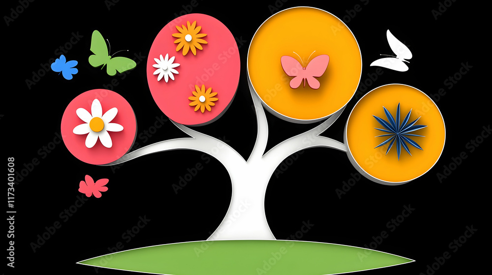 Colorful paper art tree with flowers and butterflies, spring nature concept, ideal for seasonal design. Colorful paper art tree with flowers and butterflies, spring nature concept, ideal for seasonal design.