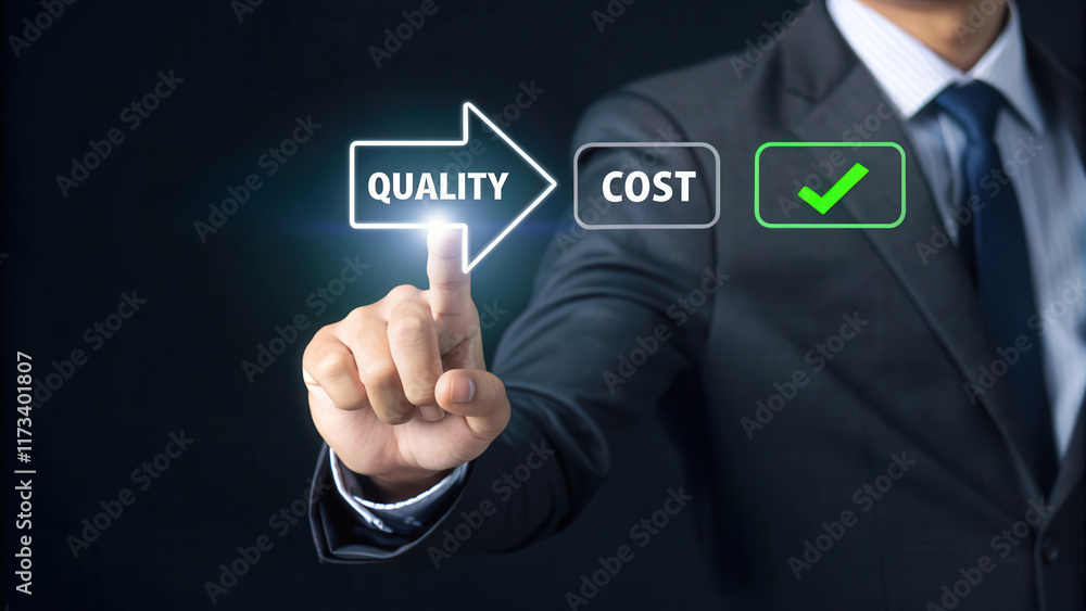 A businessman selecting between quality and cost, indicating a preference for quality with a checkmark.