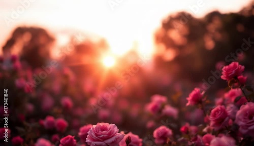 Golden Sunset Rose Garden: Serene Blooms at Dusk