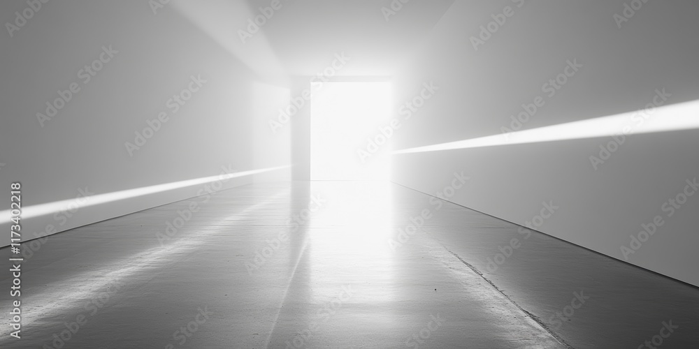 Obraz premium A stunning beam of light pours into a pristine white space, creating a captivating entrance. This minimalist setting evokes feelings of tranquility and clarity.