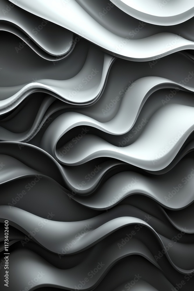 Abstract design featuring flowing gray waves with smooth curves and shadows emphasizing depth and texture in a minimalist style Abstract design featuring flowing gray waves with smooth curves and shadows emphasizing depth and texture in a minimalist style