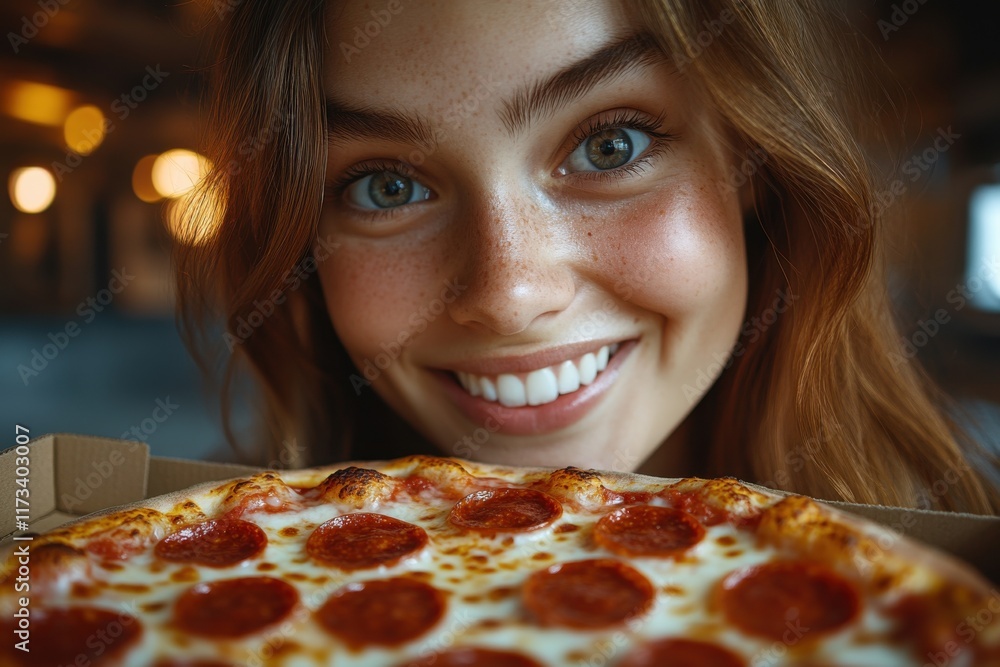 Happy young woman enjoys a freshly baked pepperoni pizza in cozy dining space during evening hours Happy young woman enjoys a freshly baked pepperoni pizza in cozy dining space during evening hours