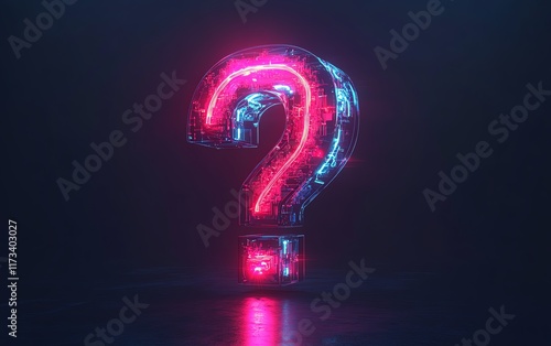 Abstract dark backdrop, 3Drendered glowing neon question mark, digital light effects, hightech futuristic design, vibrant neon color palette photo