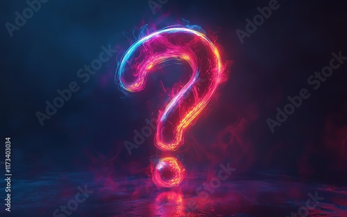 Abstract dark backdrop, 3Drendered glowing neon question mark, digital light effects, hightech futuristic design, vibrant neon color palette photo