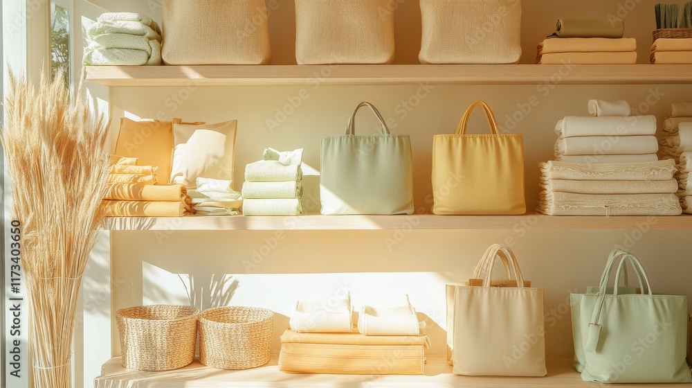 A shop display features bags, towels, and woven baskets arranged neatly on shelves, all in soothing pastel shades under natural light, evoking calm and simplicity. A shop display features bags, towels, and woven baskets arranged neatly on shelves, all in soothing pastel shades under natural light, evoking calm and simplicity.