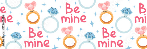 Be mine seamless pattern. Festive Background with diamond ring and hand lettering. Romantic marriage proposal. Valentines day background. Silver and Gold ring. For wallpaper. Vector illustration.