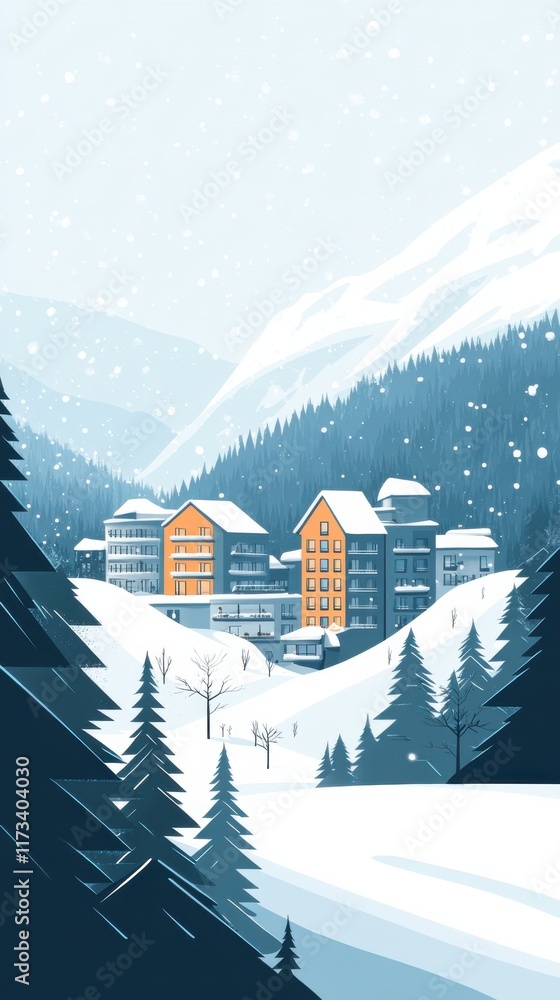 Naklejka premium Snowy mountain village surrounded by pine trees with cozy houses during winter season