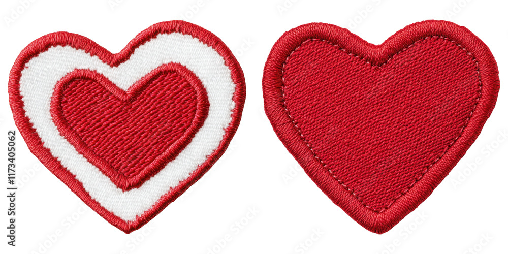 Embroidered heart shaped patches in vibrant red and white designs Embroidered heart shaped patches in vibrant red and white designs