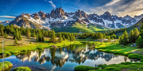 Minimalist Sierra Nevada Alpine Peaks, Melting Snow, Green Valley