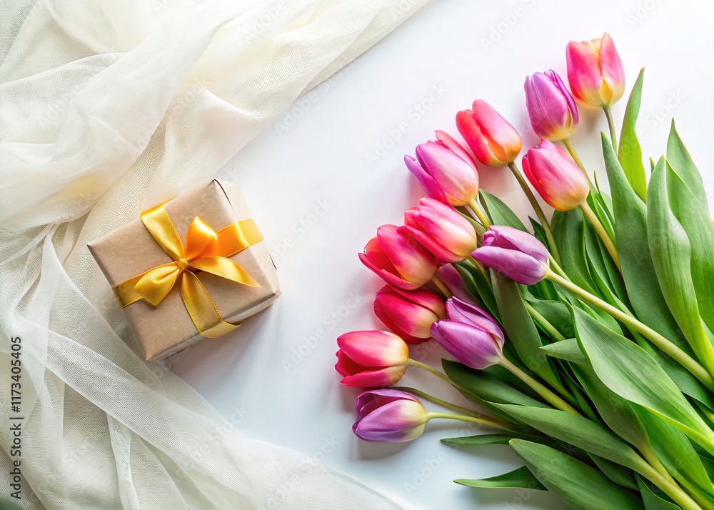 Minimalist Spring Holiday: Tulips & Gift Box on White Background - Flat Lay Minimalist Spring Holiday: Tulips & Gift Box on White Background - Flat Lay