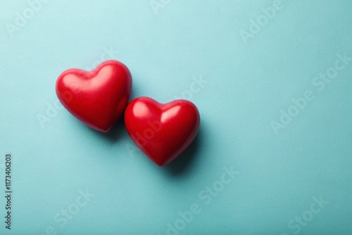 Wallpaper Mural Minimalist Valentine's Day Flat Lay: Two Red Hearts on Blue Background Torontodigital.ca