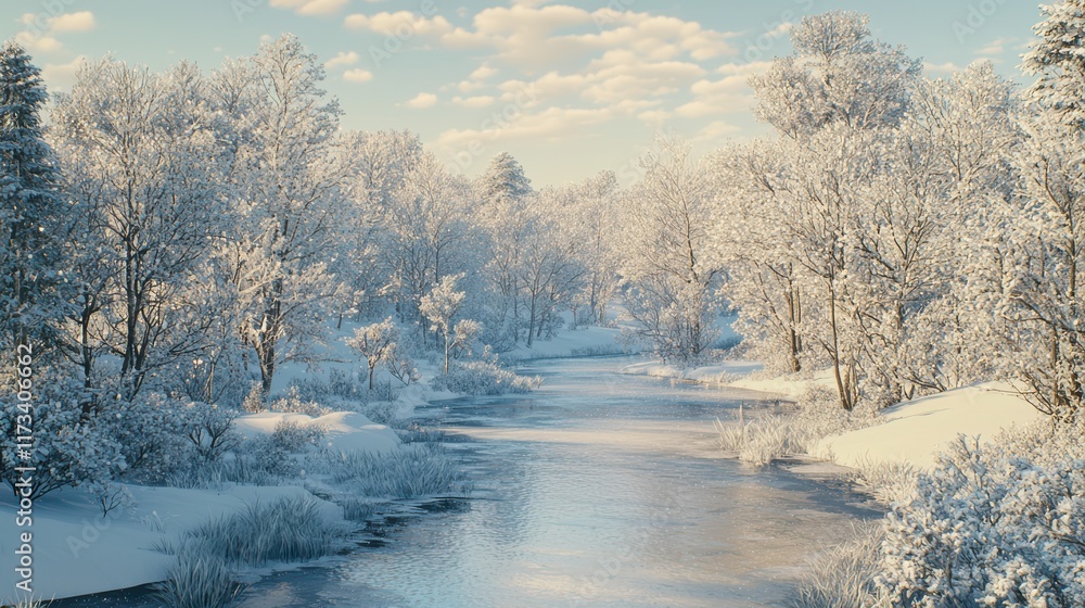 Snow-covered trees line a frozen river under a soft, cloudy, wintry sky. Snow-covered trees line a frozen river under a soft, cloudy, wintry sky.
