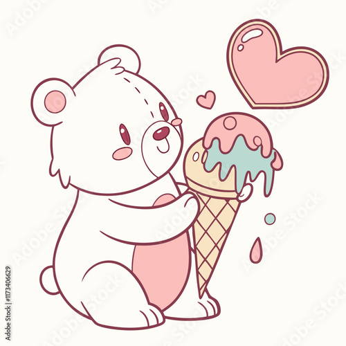 Bear Teddy holds a melting love heart kone ice cream