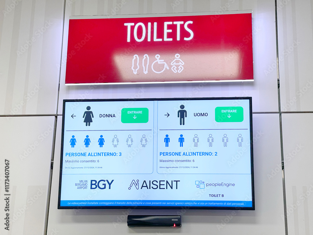 Scoreboard in front of entrance to the toilet at airport. Technology and public spaces in city. Information about availability of free seats. Scoreboard in front of entrance to the toilet at airport. Technology and public spaces in city. Information about availability of free seats.
